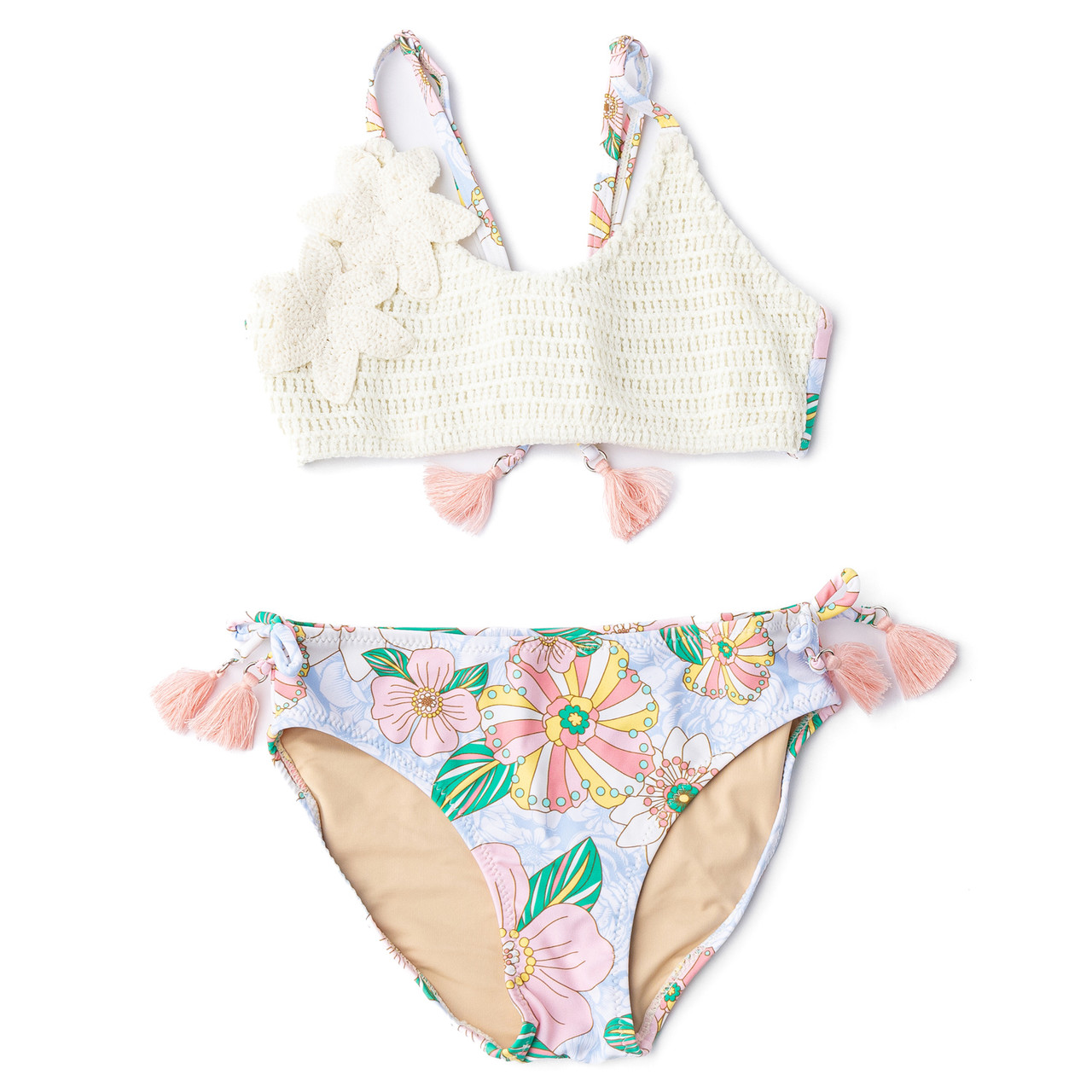 【THEAIRTOWN】yoome ruffle pt ★2color Retro Floral Tween Girls Crochet Tie Back Two Piece Swimsuit