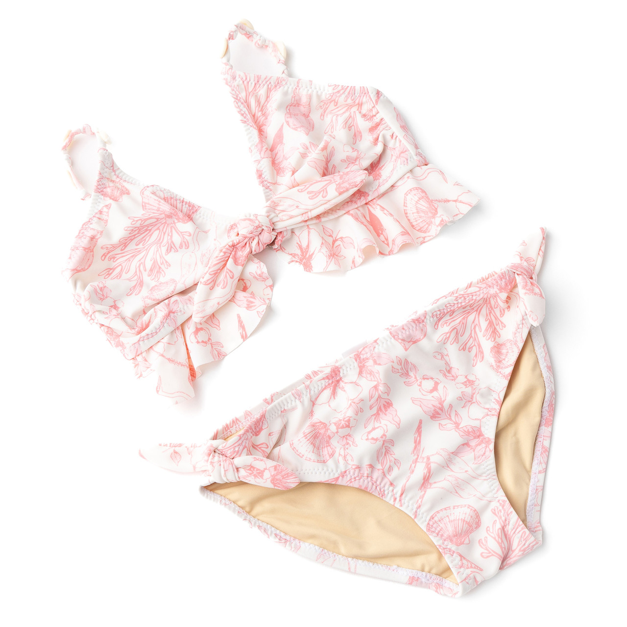 Seaside Toile Tween Girls Shell Ruffle Two Piece Swimsuit Set 7-14