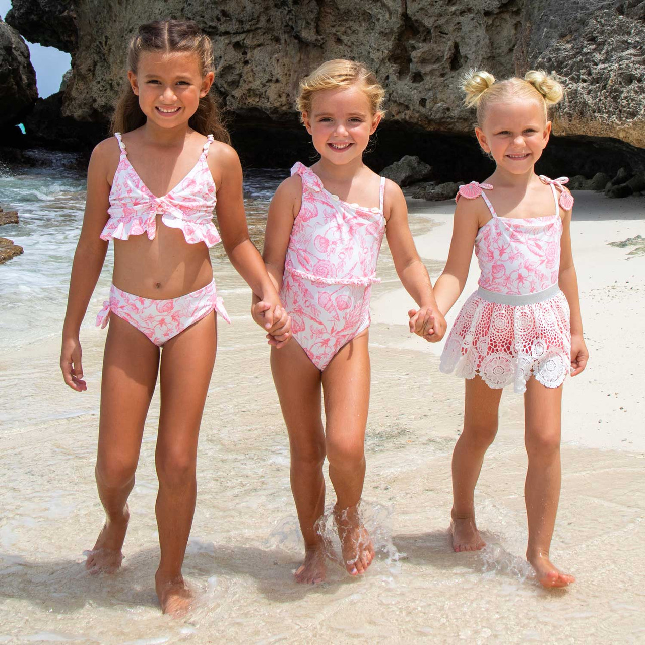 Seaside Toile Tween Girls Shell Ruffle Two Piece Swimsuit Set 7-14