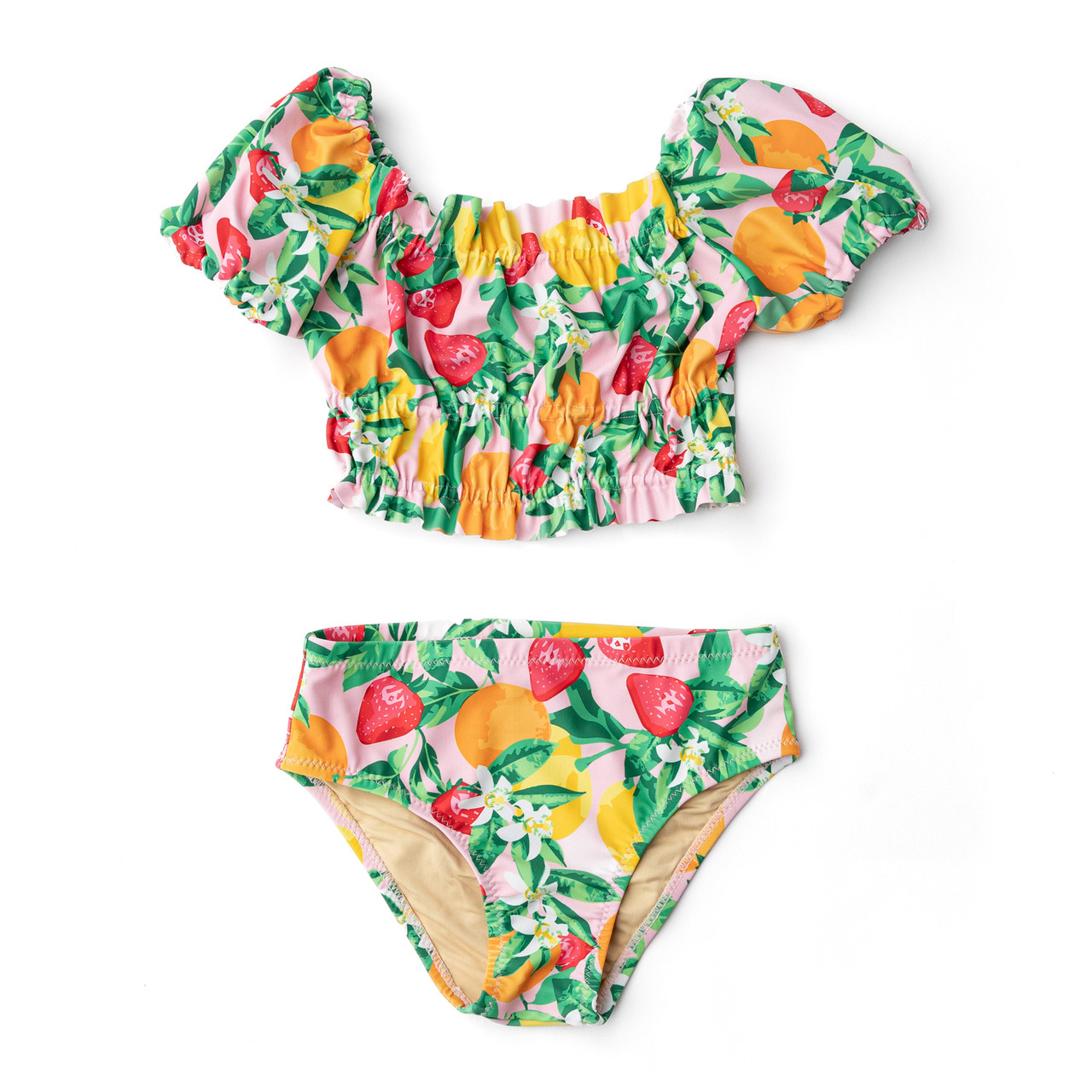 【Grace U】韓国人気★(XS,S,M,L) Humming Puff One-piece Fruit Punch Girls Smocked Puff Sleeve Two Piece Swimsuit 2t