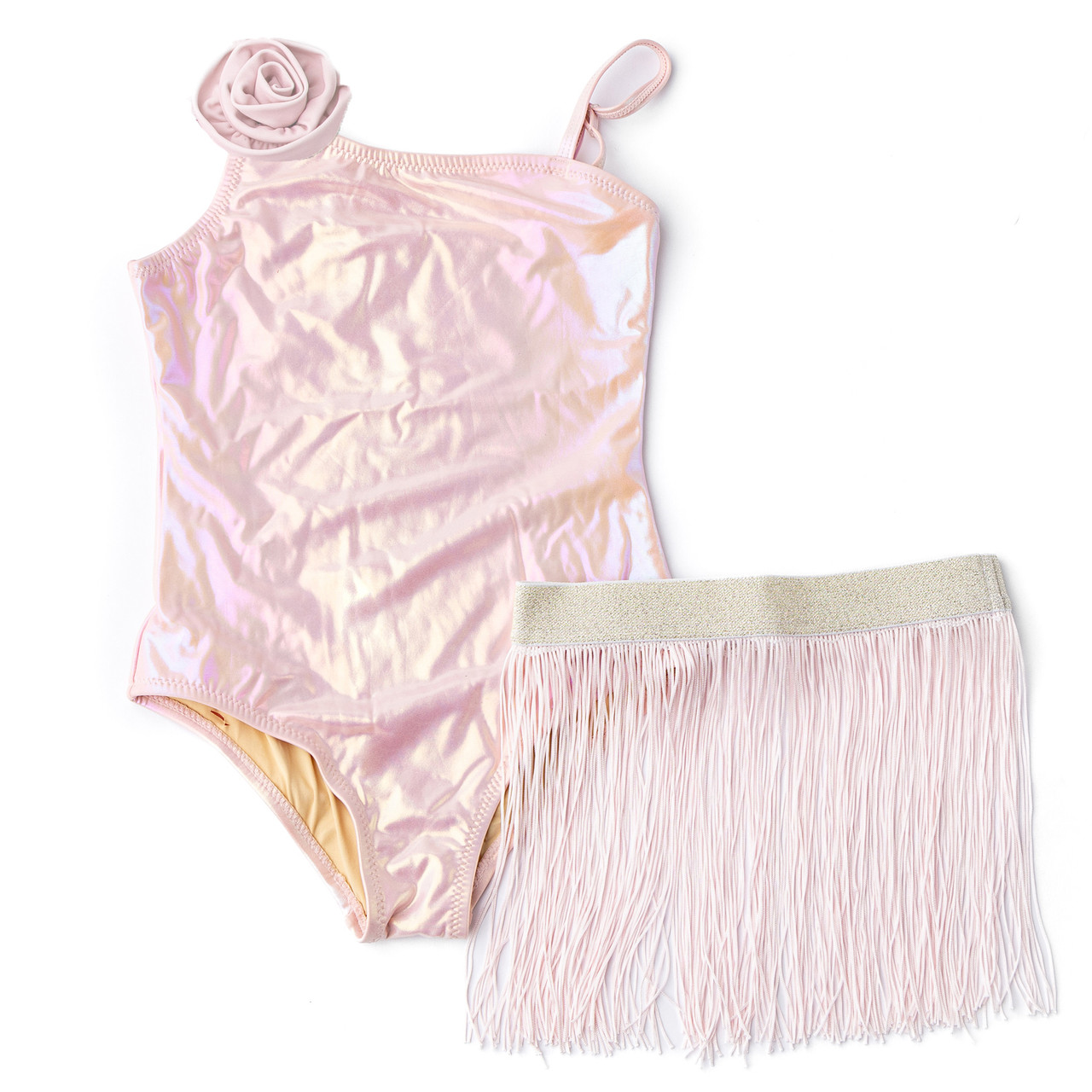 Pink Girls Metallic One Shoulder & Skirt Swim Set 3t-10