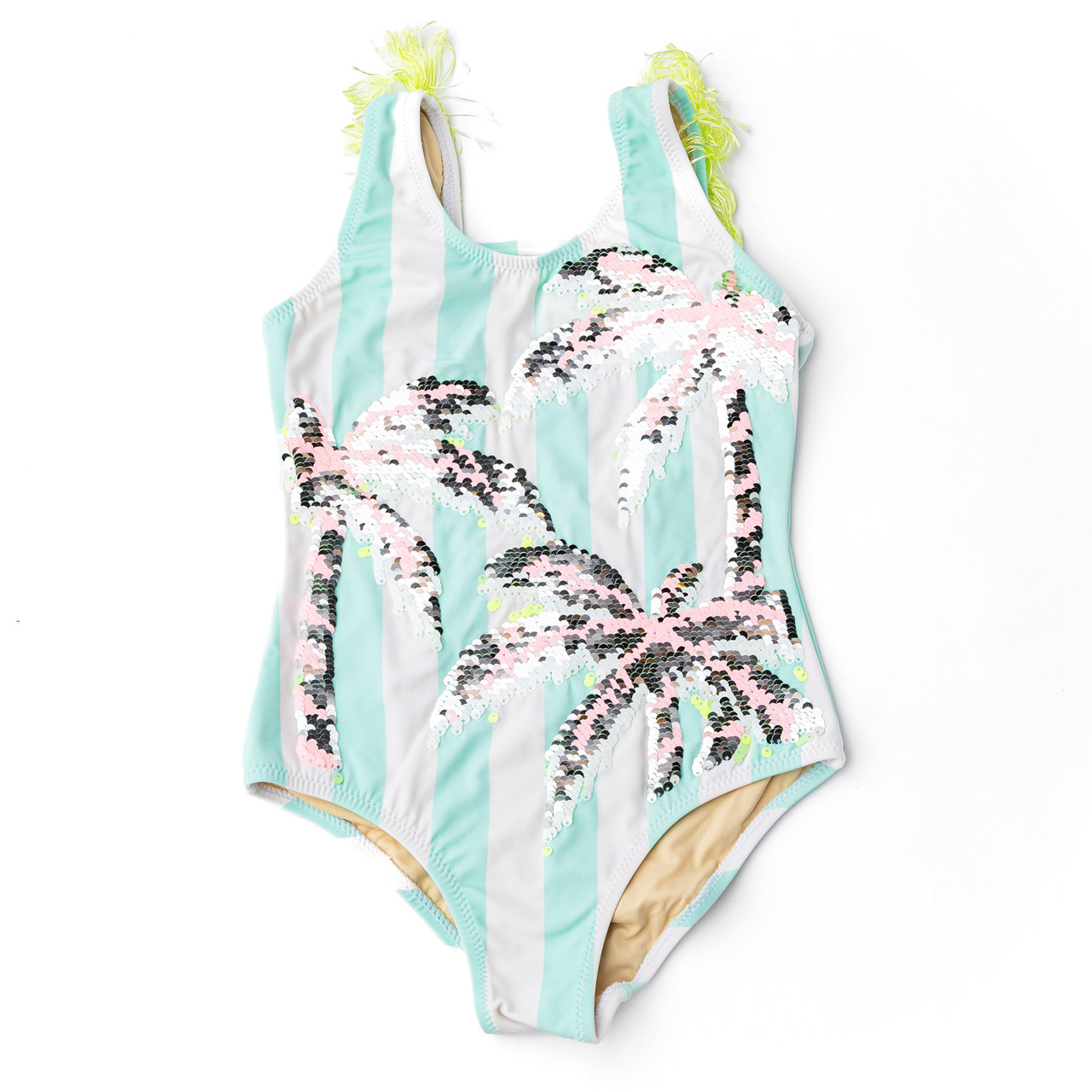 Palm Stripe Girls Sequin Fringe Back One Piece Swimsuit 3t-10 