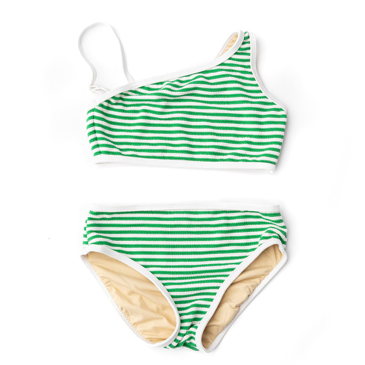 Green Stripe Girls Ribbed One Shoulder Two Piece Swimsuit 4t-14