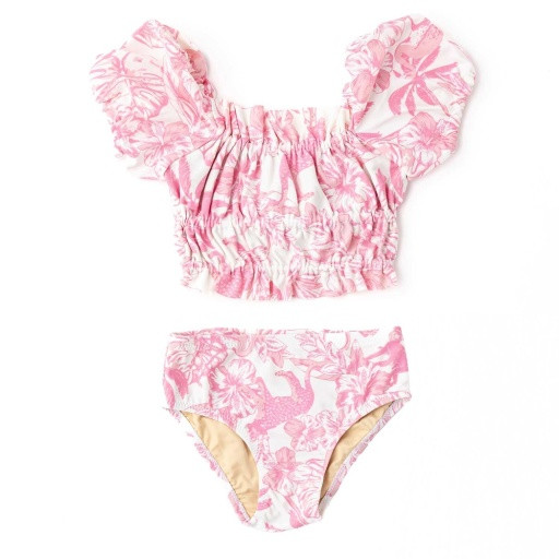 Pink Paradise Girls Smocked Puff Sleeve Two Piece Swimsuit 4t-14