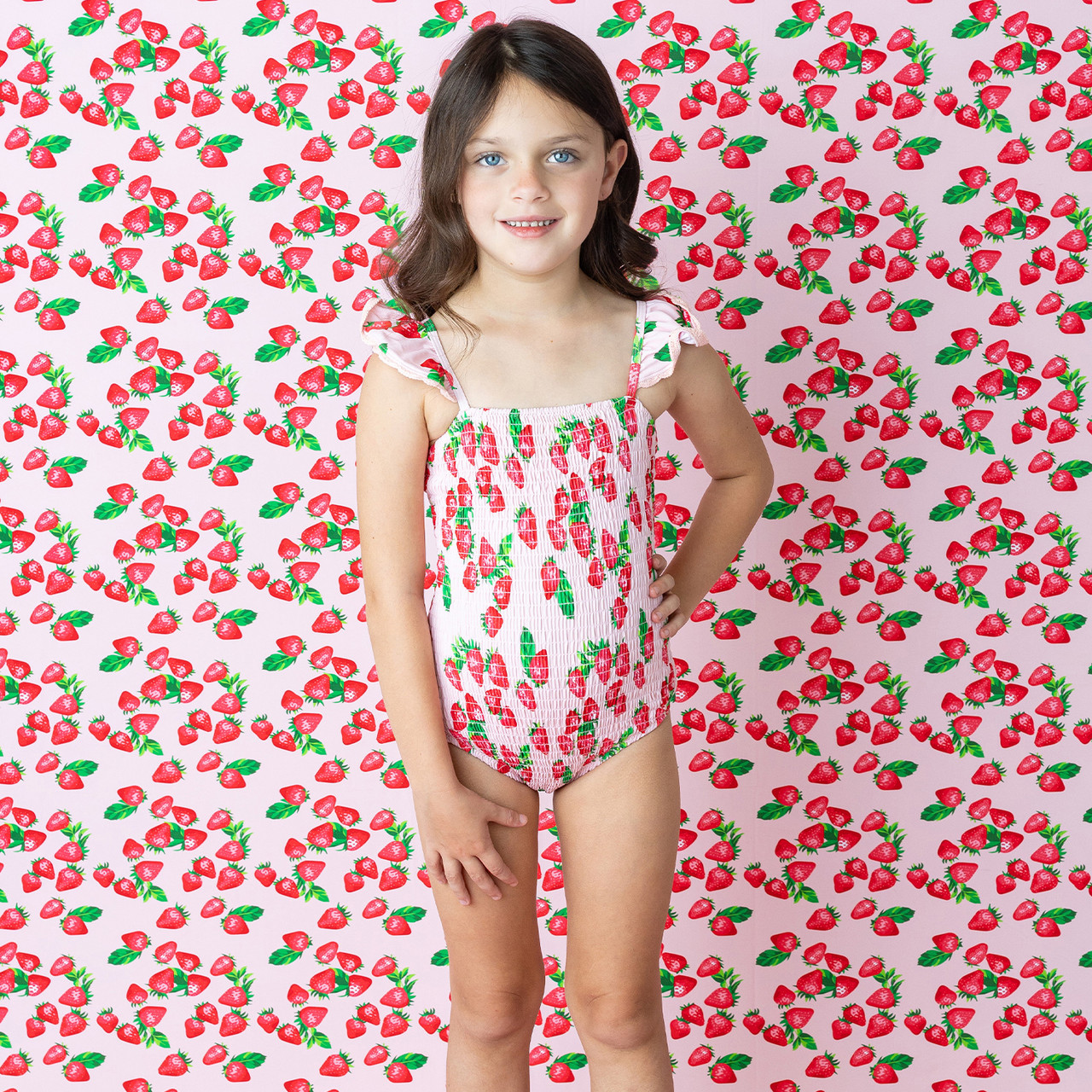 Strawberry Bliss Girls Crochet Trim Smocked One Piece Swimsuit 6m