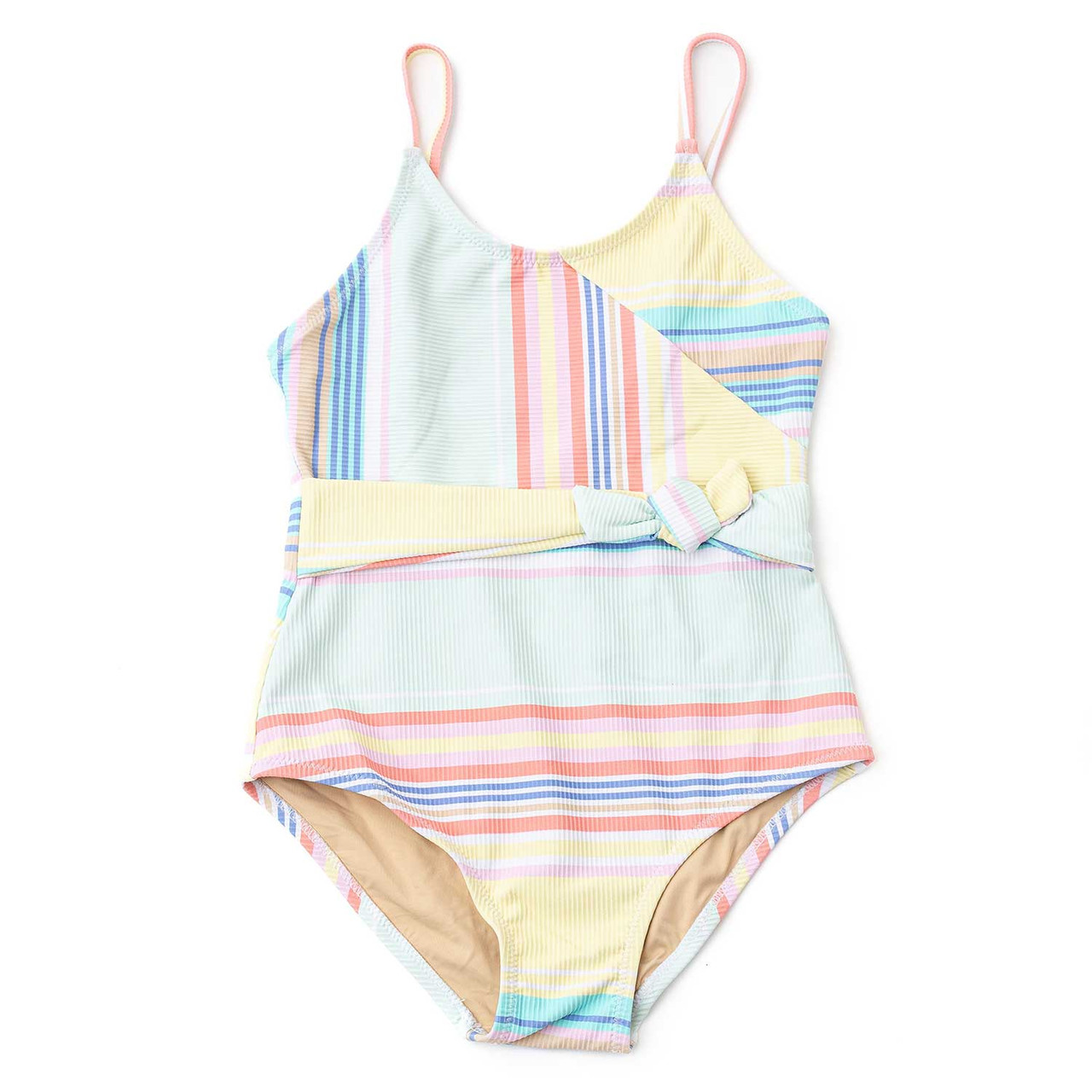 Surfer Stripe Girls Ribbed Faux Wrap One Piece Swimsuit 6m-10