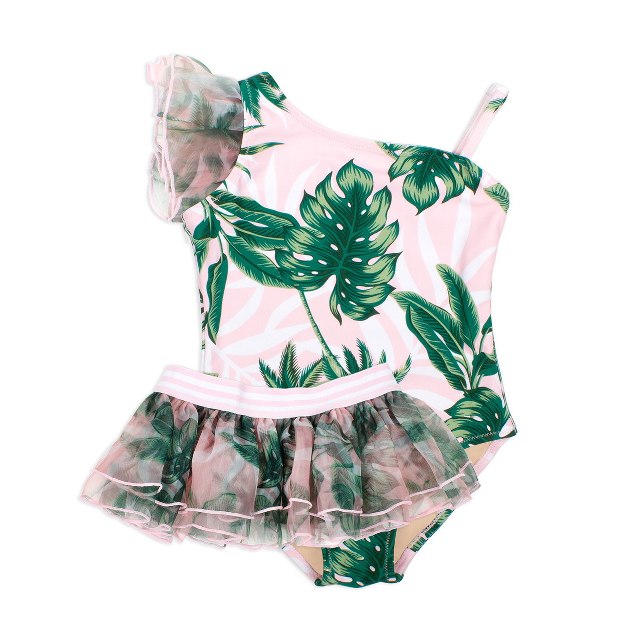 Tropical Pink Palm One Piece Luxe Organza Shoulder w/Tutu