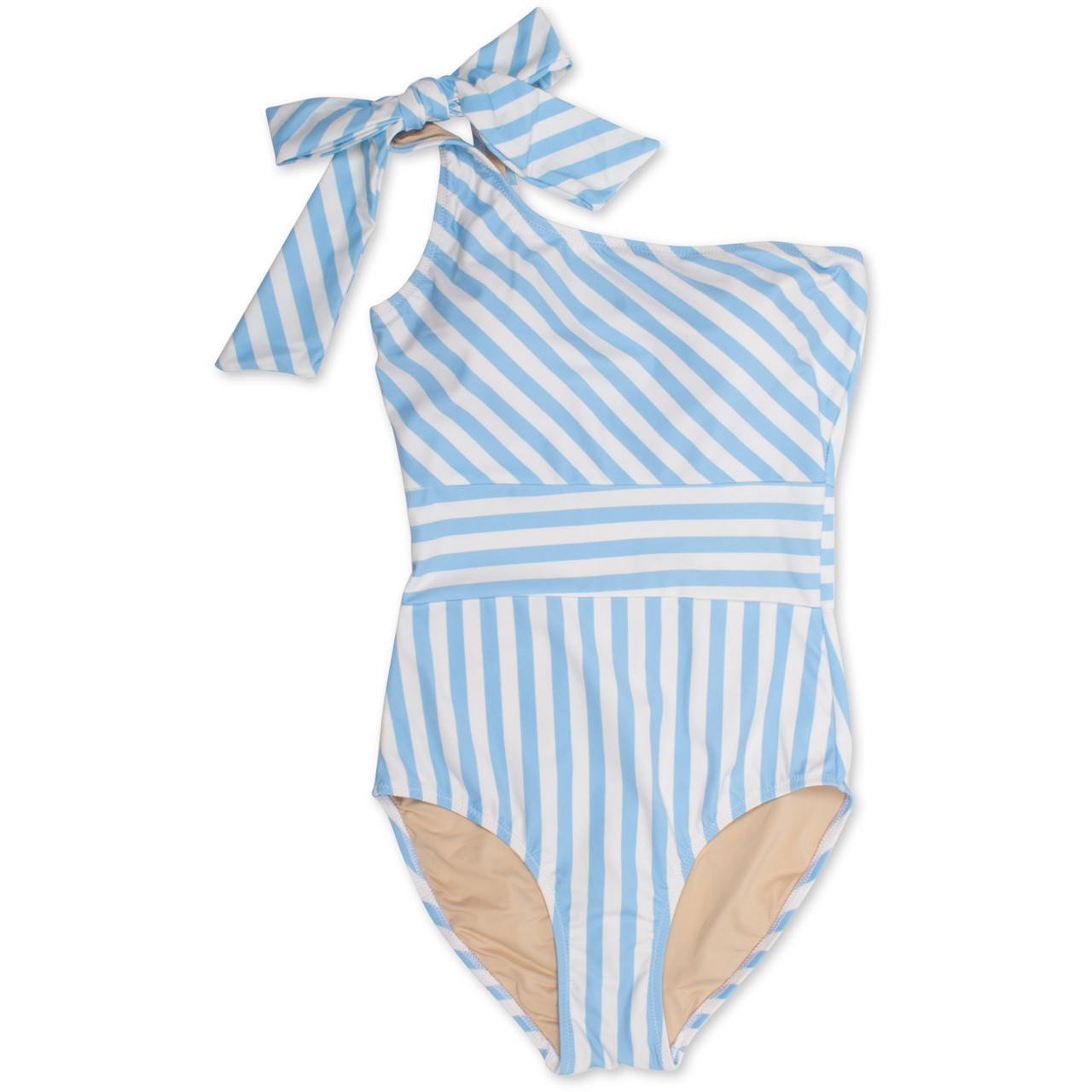 One Piece One Shoulder Womens 2-18 Light Blue Stripe