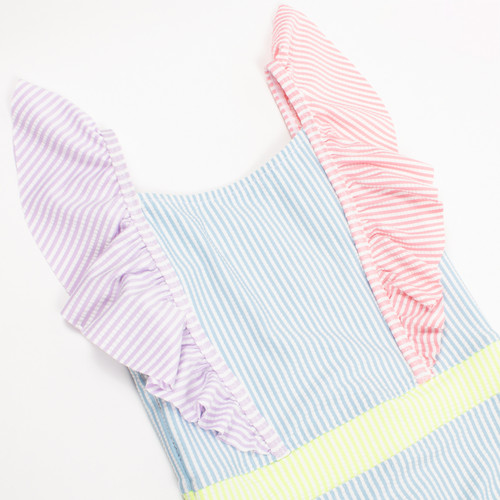 One Piece Ruffle Shoulder Swimsuit in Seersucker Colorblock One Piece Ruffle Shoulder Swimsuit in Seersucker Colorblock