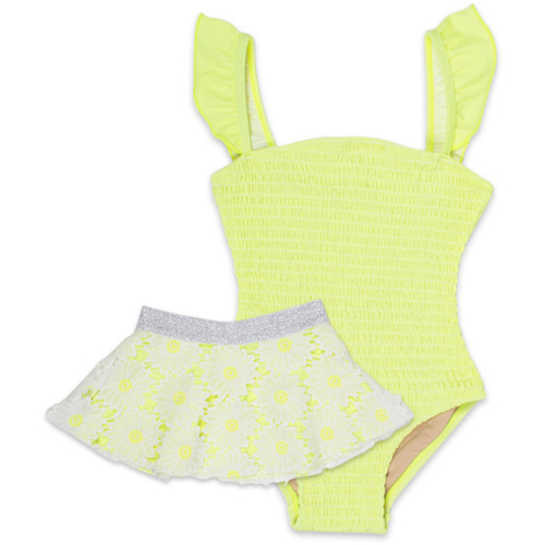 Shade Critters One Piece Smocked Ruffle Sleeve w/ Daisy Tutu Girls Swimsuit Citron Daisy