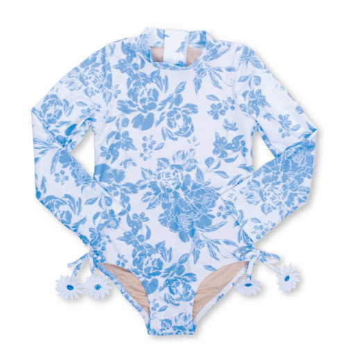 Shade Critters Blue Bouquet Girls One Piece Long Sleeve Cute Swimsuit Sizes 6m-10