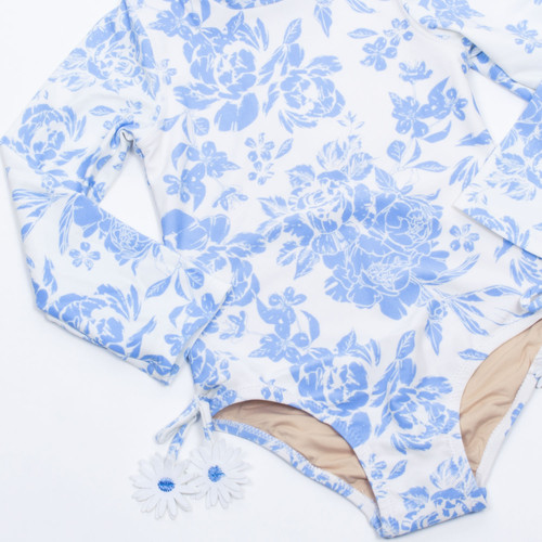 Flower Detail of Shade Critters Blue Bouquet Girls One Piece Long Sleeve Swimsuit