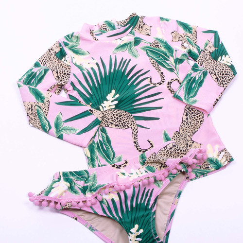 back detail of Shade Critters Tropical Leopard Girls Two Piece Rashguard Swim Set.