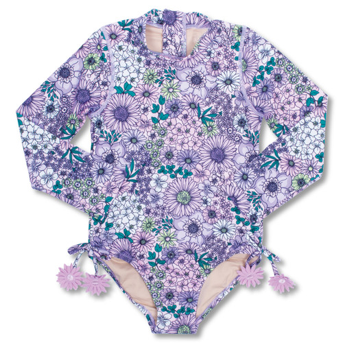 Shade Critters Mod Purple Floral Girls One Piece Long Sleeve Cute Swimsuit.