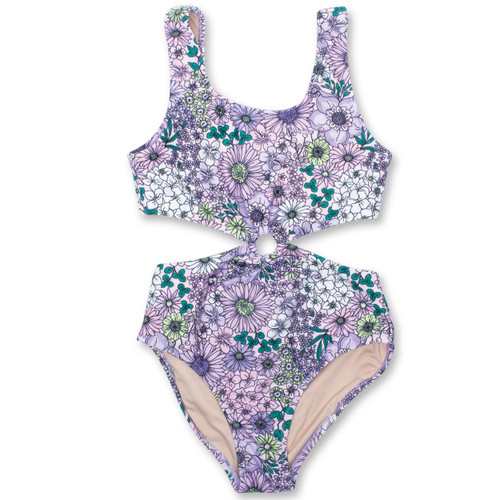 Front view of Shade Critters Mod Purple Floral Cinched Tween Girls Monokini Swimsuit in sizes 7-14