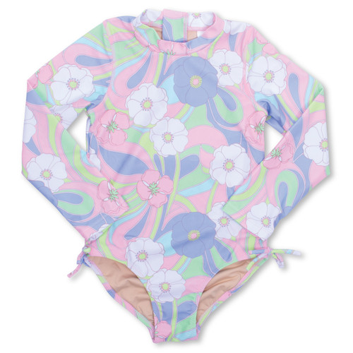 Shade Critters Groovy Daisy Swirl Girls One Piece Long Sleeve Cute Swimsuit