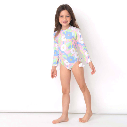 Groovy Daisy Swirl Girls One Piece Long Sleeve Swimsuit 6m-24m only