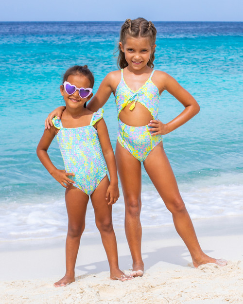 Purple Ditsy Floral Girls Crochet Tie Back Two Piece Swimsuit 7-14