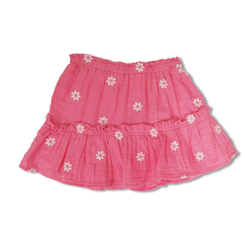 Pink Bubble Gauze Embroidered Girls Ruffle Skirt 3-14