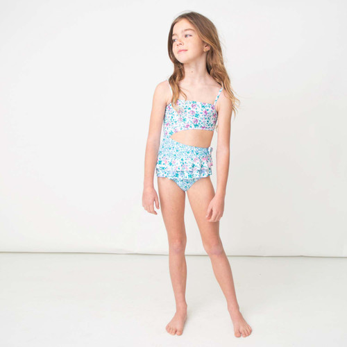 Blue Floral Patchwork Girls Cutout One Piece Swimsuit (2t, 3t only)
