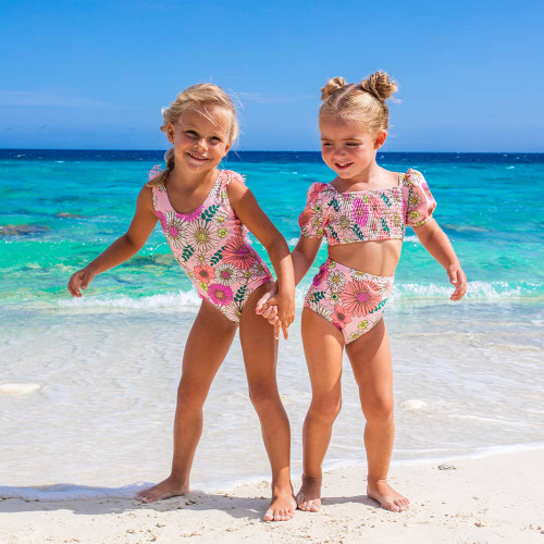 Kids Swimsuit  Girls Tropical Smocked High Waisted Two-Piece