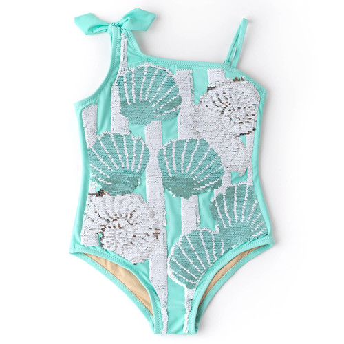Shade Critters Mint Shells Girls Flip Sequin One Shoulder One Piece Swimsuit 3-10