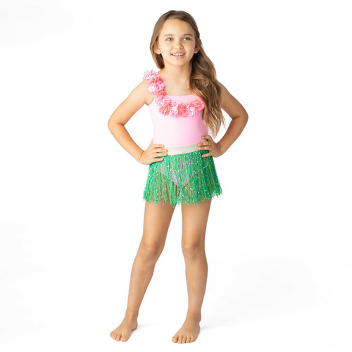 Detail of Light Pink Girls Hula Girl Lei One Piece & Fringe Skirt Swim Set 3-10