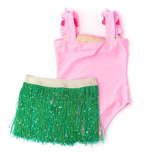 Detail of Light Pink Girls Hula Girl Lei One Piece & Fringe Skirt Swim Set 3-10