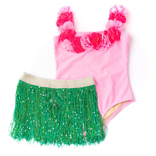 Light Pink Girls Hula Girl Lei One Piece & Fringe Skirt Swim Set 3-10