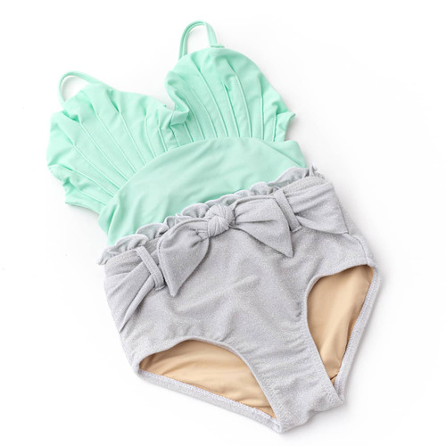 Detail of Mint & Silver Girls Water Appearing & Shimmer Mermaid Shell Belted One Piece Swimsuit 6m-6 Detail of Mint & Silver Girls Water Appearing & Shimmer Mermaid Shell Belted One Piece Swimsuit 6m-6
