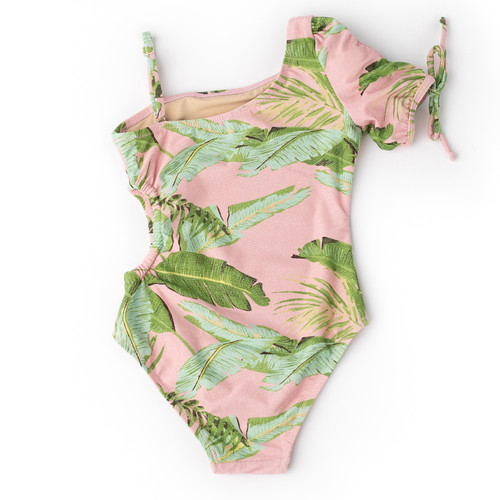 Back of Cabana Palms Girls Shimmer Puff Sleeve Cut Out One Piece Cute Swimsuit 4-14 Back of Cabana Palms Girls Shimmer Puff Sleeve Cut Out One Piece Cute Swimsuit 4-14