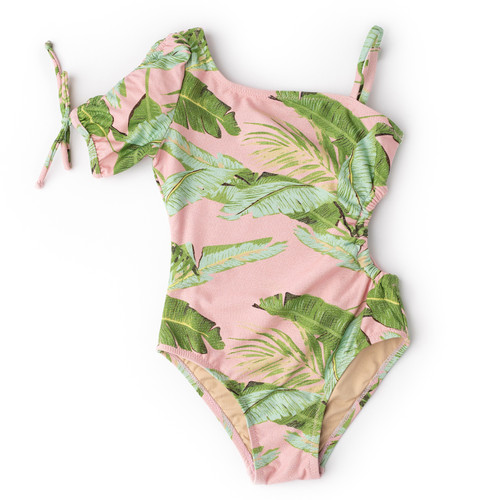 Shade Critters Cabana Palms Girls Shimmer Puff Sleeve Cut Out One Piece Swimsuit 4-14