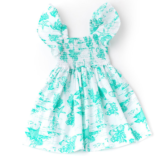 Shade Critters Mermaid Toile Cotton Girls Smocked Flutter Sleeve Dress 3-14