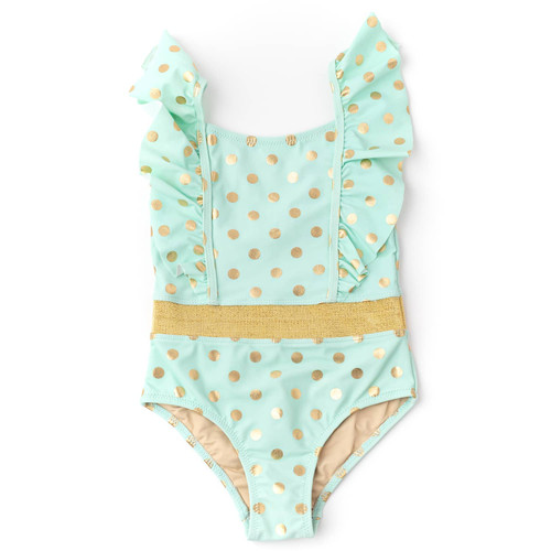 Shade Critters Mint & Gold Dot Girls Ruffle Shoulder One Piece Swimsuit 6m-6