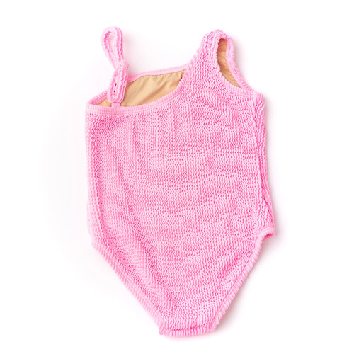 Back of Swimsuit Pink Girls Crinkle Textured One Shoulder One Piece Swimsuit 3-14