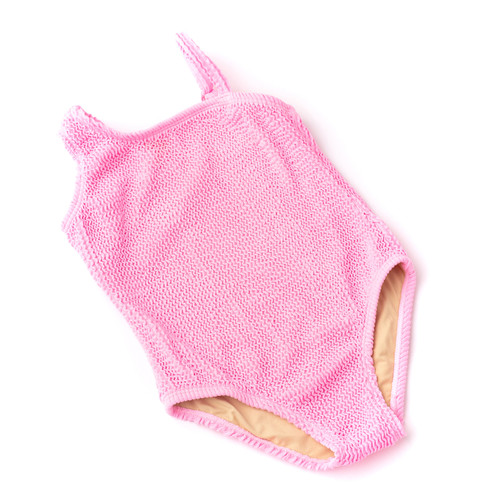 Cute Swimsuit Pink Girls Crinkle Textured One Shoulder One Piece Swimsuit 3-14