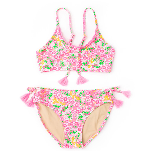 Shade Critters Fresh Floral Pink Crochet Trim Tie Back Bikini 7-14