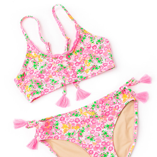 Detail of Fresh Floral Pink Crochet Trim Tie Back Bikini 7-14 Detail of Fresh Floral Pink Crochet Trim Tie Back Bikini 7-14