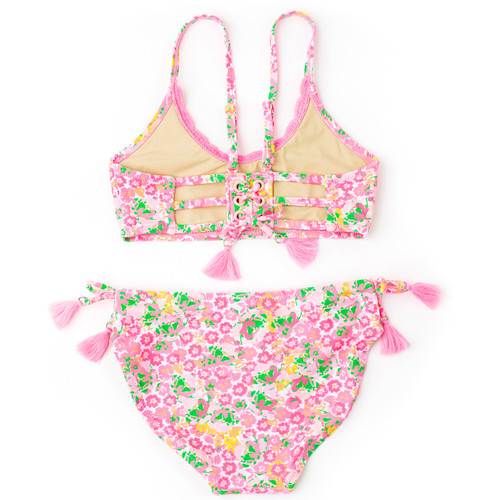Fresh Floral Pink Crochet Trim Monokini Swimsuit 4-14