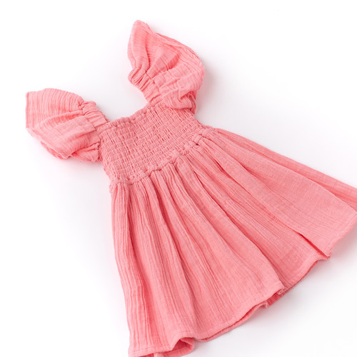 Detail of Coral Gauze Girls Smocked Flutter Sleeve Dress 3-14 Detail of Coral Gauze Girls Smocked Flutter Sleeve Dress 3-14
