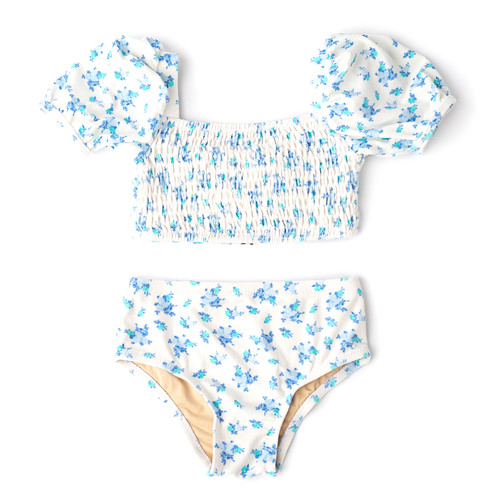 Shade Critters Cottage Rose Blue Girls Terry Smocked Mid Rise Bikini 2-10