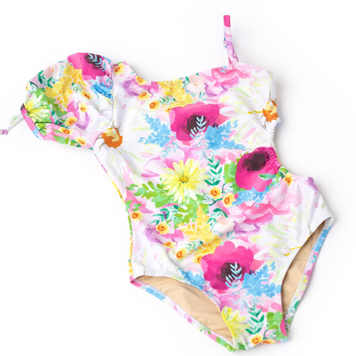 Details Shade Critters Watercolor Floral Girls Puff Sleeve Cut Out One Piece Swimsuit 4-14