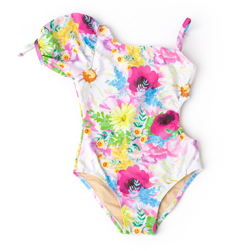 Shade Critters Cute Watercolor Floral Girls Puff Sleeve Cut Out One Piece Swimsuit 4-14