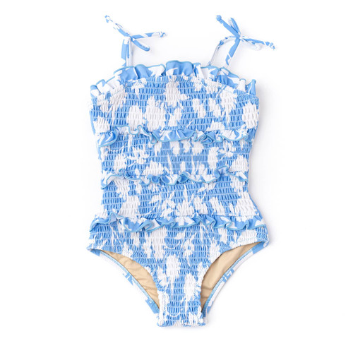 Shade Critters Blue Floral Girls Ruffle Smocked One Piece Swimsuit 6m-10