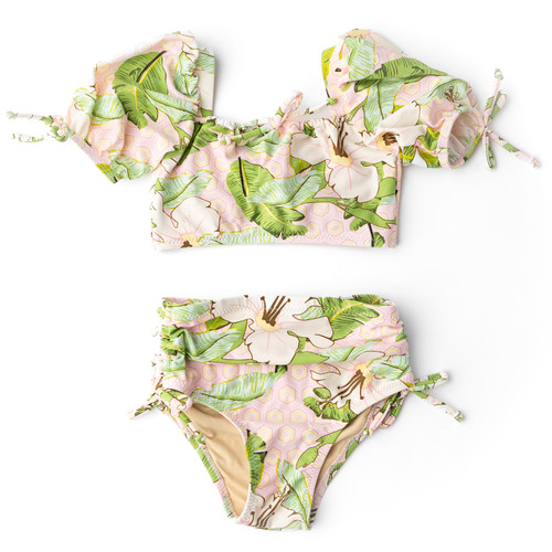 Shade Critters Hibiscus Botanical Pink Girls Cute High Waist Two Piece Swimsuit 2t-10
