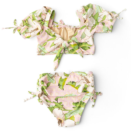 Back of Shade Critters Hibiscus Botanical Pink Girls High Waist Two Piece Swimsuit 2t-10 Back of Shade Critters Hibiscus Botanical Pink Girls High Waist Two Piece Swimsuit 2t-10