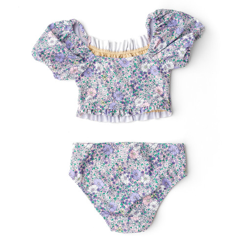 Detail of Shade Critters Flower Power Purple 2pc Smocked Puff Sleeve Two Piece Swimsuit 2-10 Detail of Shade Critters Flower Power Purple 2pc Smocked Puff Sleeve Two Piece Swimsuit 2-10