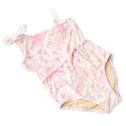 Children's Swimwear by  Shade Critters Seaside Toile Girls Shell One Shoulder Swimsuit Set 3t-10 2-10 Children's Swimwear by  Shade Critters Seaside Toile Girls Shell One Shoulder Swimsuit Set 3t-10 2-10
