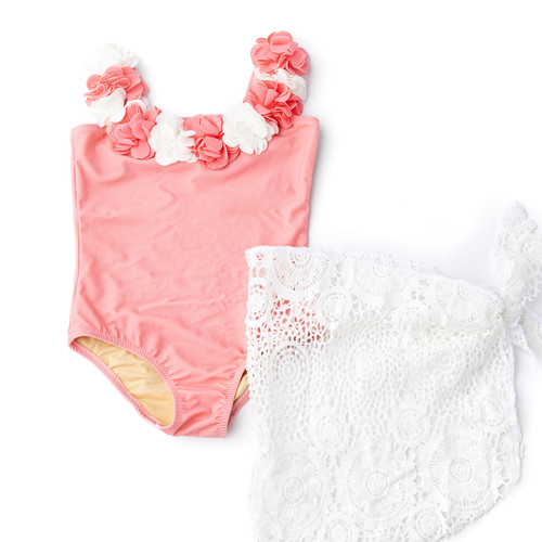 Children's Swimwear by  Shade Critters Coral Girls Hula Water Appearing One Piece & Skirt Swim Set 3t-10 2-10