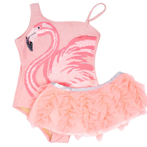 Shade Critters Pink Flamingo Girls Sequin One Piece & Tutu Swim Set 3t-10